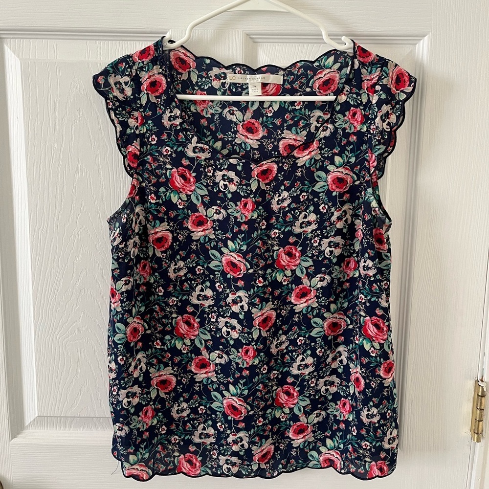 LC Lauren Conrad Navy and Red Floral Blouse